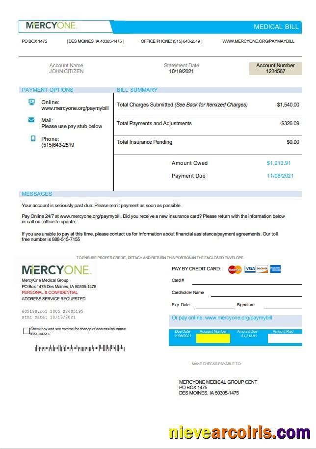 Editable USA Iowa MercyOne Medical Bill Template In Word And PDF Format