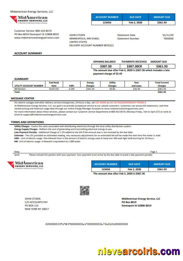 Professional USA Iowa MidAmerican Energy Services Utility Bill Template In Word And PDF Format