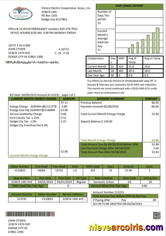 Editable USA Kansas Victory Electric Utility Bill Template In Word And PDF Format