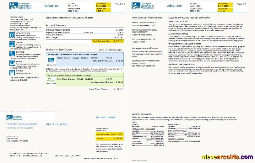 Professional USA LA DWP Utility Bill Template In Word And PDF Formats, 4 Pages, Version 2, 1 2 Pages