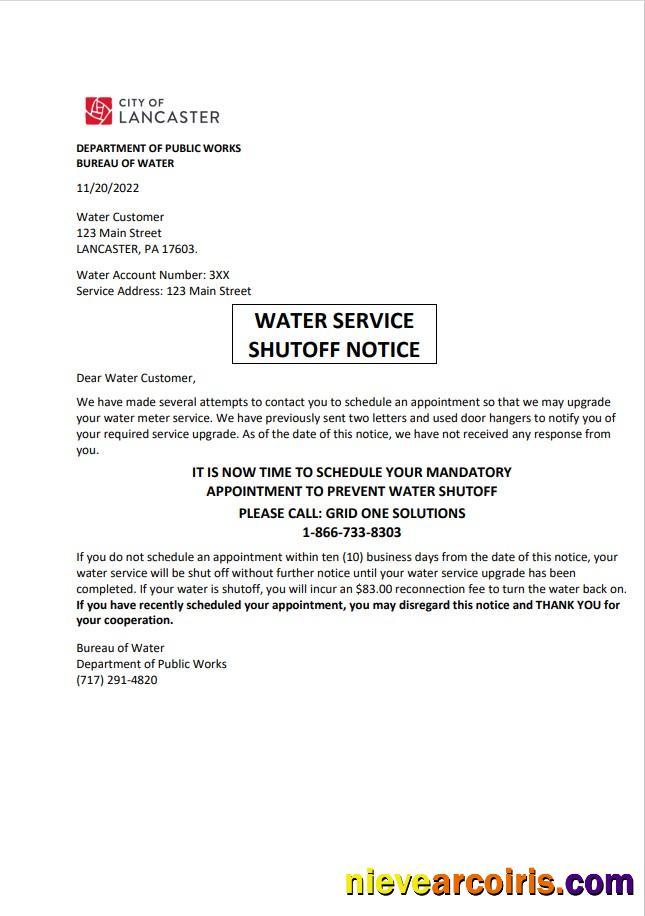 Realistic USA Lancaster Water Service Utility Bill Shutoff Notice, Word And PDF Template
