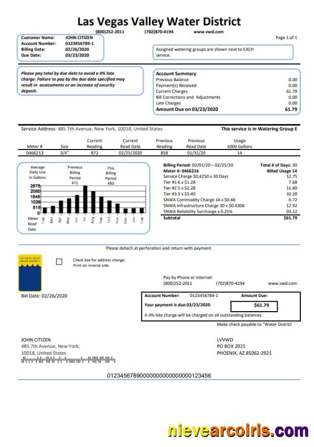 Realistic USA Las Vegas Valley Water District (LVVWD) Utility Bill Template In Word And PDF Format