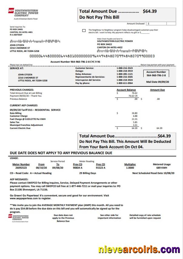 Realistic USA Louisiana AEP (Southwestern Electric Power Company) Electricity Utility Bill Template In Word And PDF Format