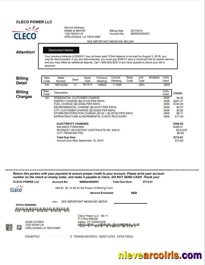 Professional USA Louisiana Cleco Power Electricity Utility Bill Template In Word And PDF Format