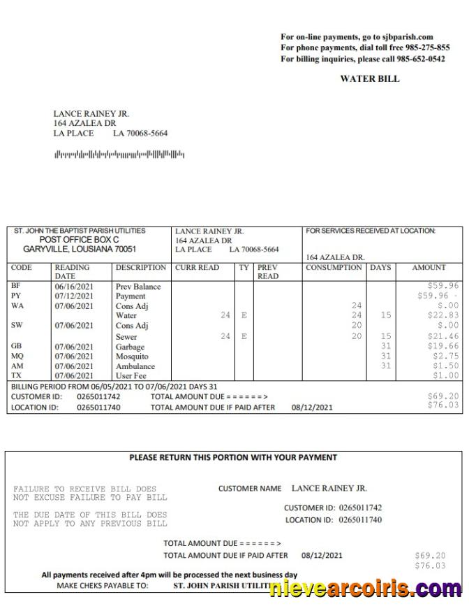 USA Louisiana St. John The Baptist Parish Water Bill In Word And PDF Format Template