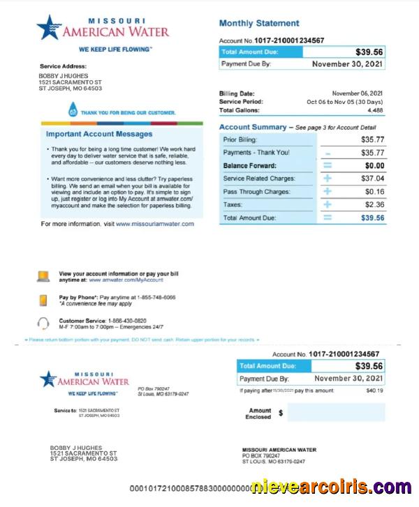 Professional USA MISSOURI AMERICAN WATER Utility Bill Word And PDF Template