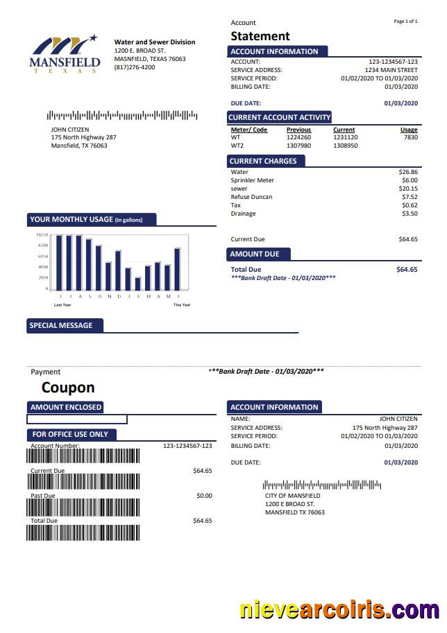 Professional USA Mansfield Texas Utility Bill Template In Word And PDF Format (.doc And .pdf)