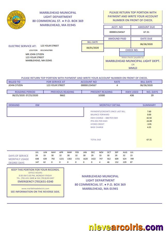 Realistic USA Marblehead Municipal Light Department Utility Bill Template In Word And PDF Format