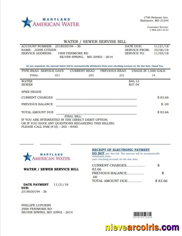 Editable USA Maryland American Water Utility Bill Template In Word And PDF Format
