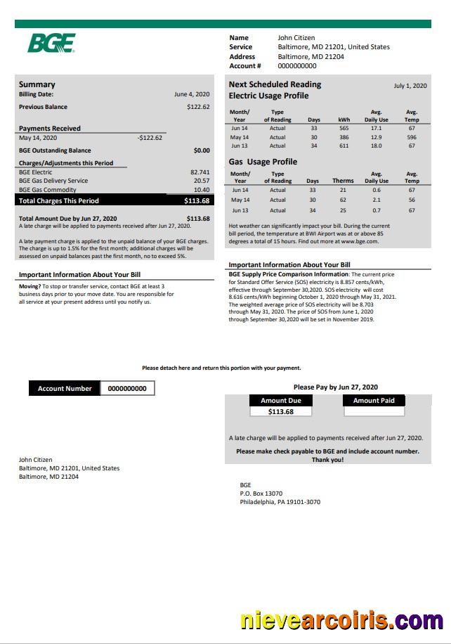 Realistic USA Maryland BGE Gas And Electric Utility Bill Template In Word And PDF Format