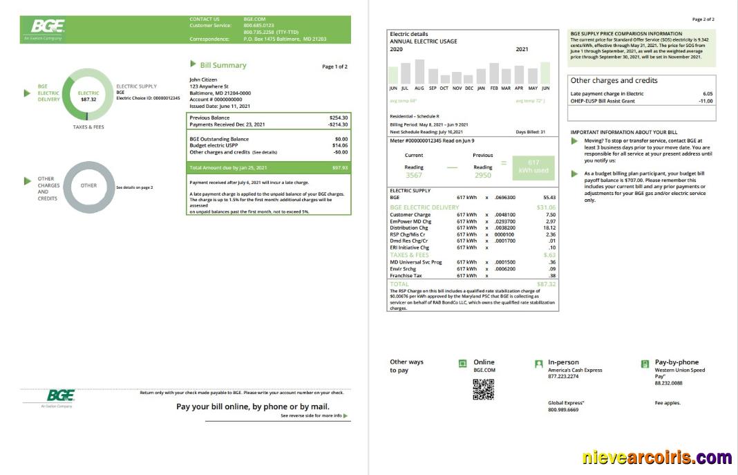 Premium USA Maryland Baltimore Gas And Electric (BGE) Utility Bill Template In Word And PDF Format (2 Pages)