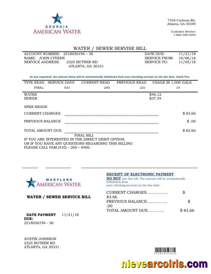 Editable USA Maryland Georgia Water Utility Bill Template In Word And PDF Format (.doc And .pdf)