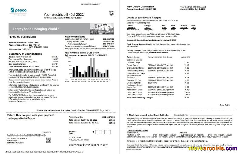 Editable USA Maryland Pepco Utility Bill, Word And PDF Template, 3 Pages 1 2