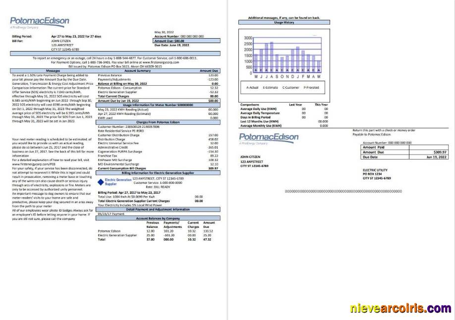 Professional USA Maryland Potomac Edison Utility Bill, Word And PDF Template, 2 Pages