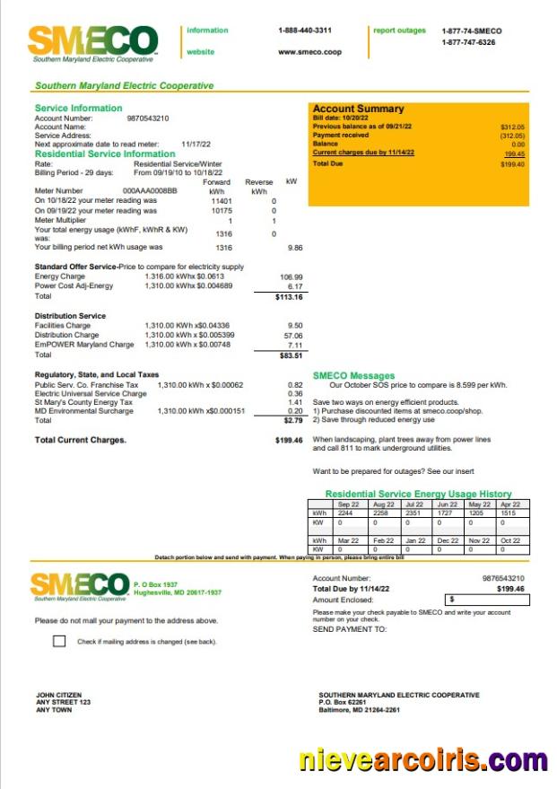Professional USA Maryland SMECO Utility Bill Template In Word And PDF Format