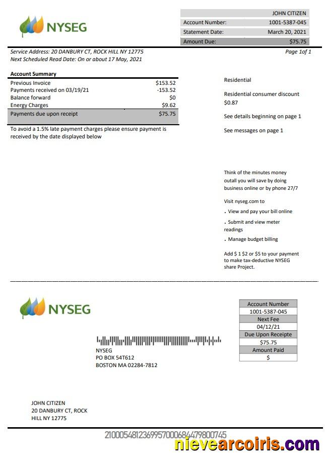 Editable USA Massachusetts Boston NYSEG Electricity Utility Bill Template In Word And PDF Format