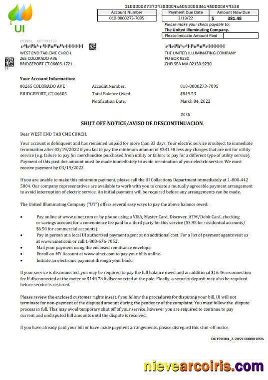 Realistic USA Massachusetts Chelsea The United Illuminating Company Utility Bill Shutoff Notice, Word And PDF Template