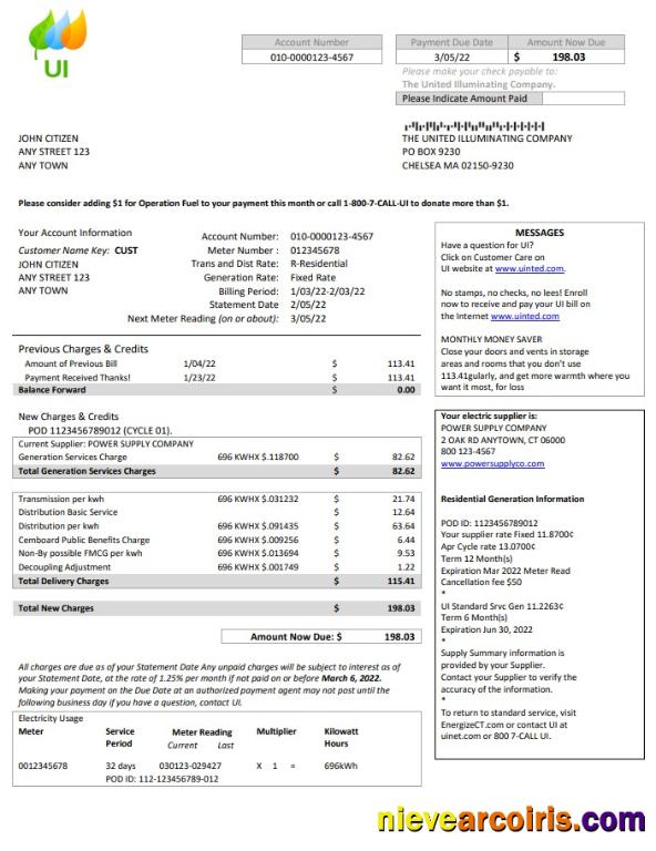 Realistic USA Massachusetts Chelsea UI The United Illuminating Company Utility Bill Word And PDF Template