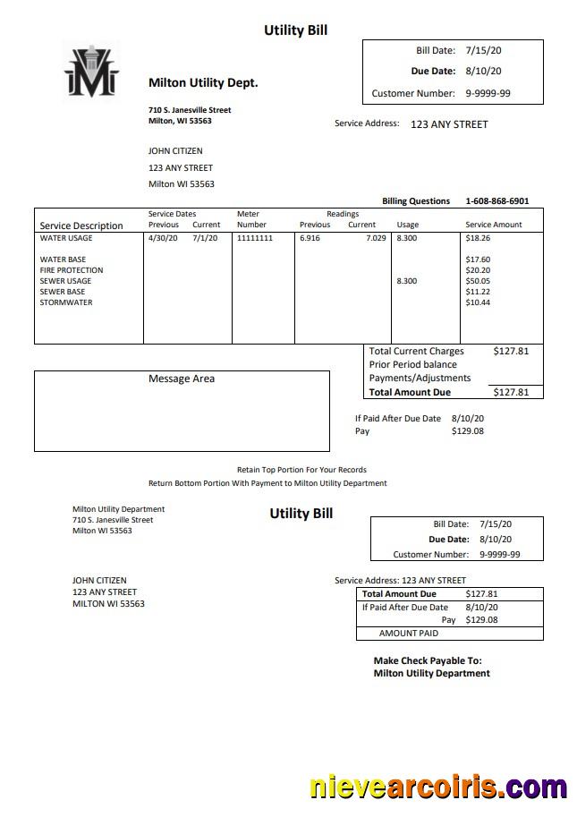 Realistic USA Massachusetts Milton Utility Dept Water Utility Bill Template In Word And PDF Format