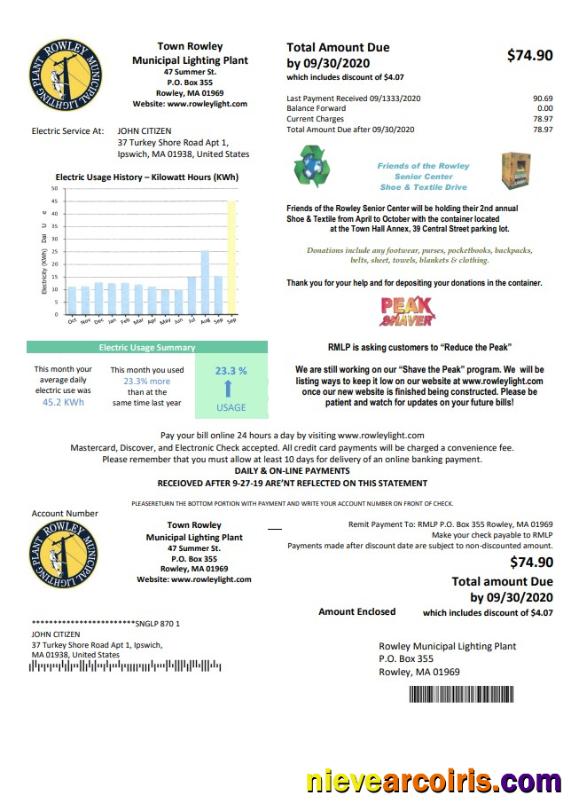 Premium USA Massachusetts Town Of Rowley Municipal Lighting Plant Electricity Utility Bill Template In Word And PDF Format