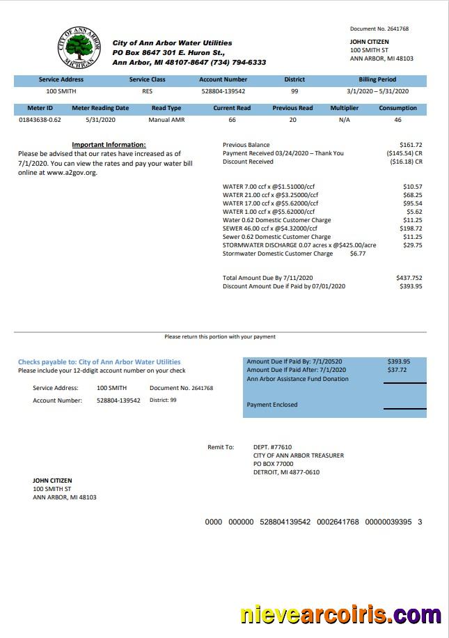 Realistic USA Michigan City Of Ann Arbor Water Utilities Bill Template In Word And PDF Format