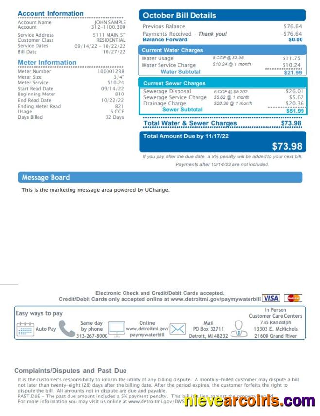 Realistic USA Michigan Water And Sewerage Department Utility Bill, Word And PDF Template, 2 Pages 2