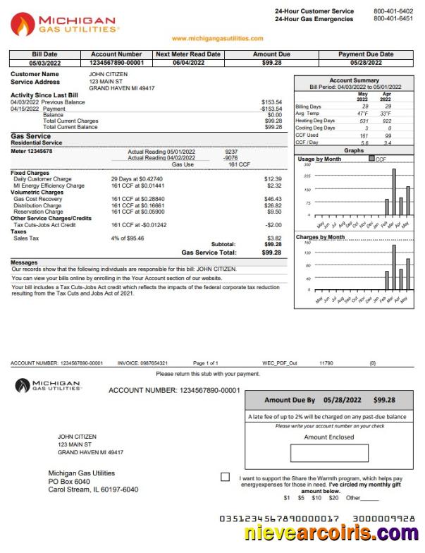 Professional USA Michigan Gas Utilities Utility Bill Template In Word And PDF Format Version 1