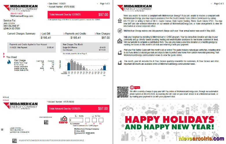 Premium USA MidAmerican Energy Company Utility Bill Template In Word And PDF Formats, 3 Pages, 1 2 Pages