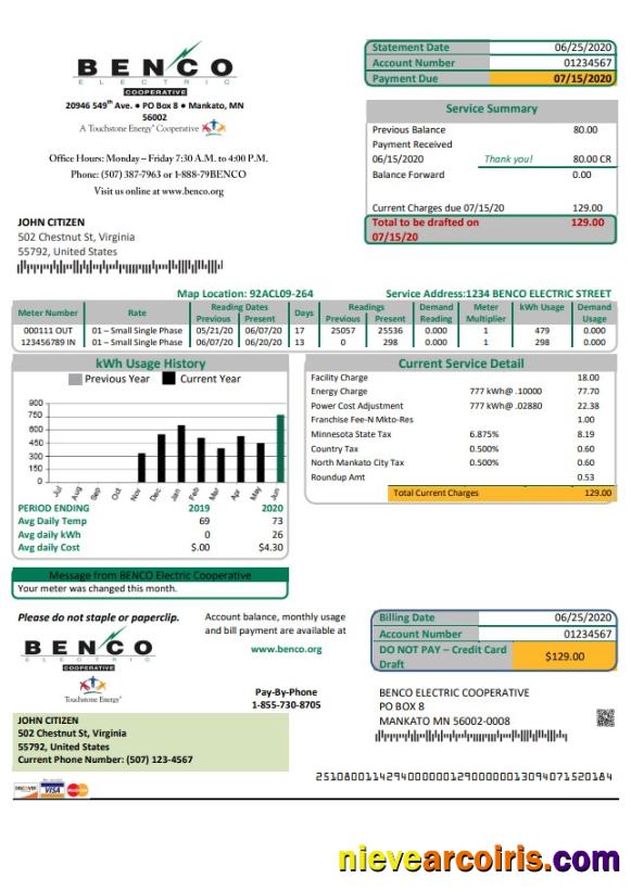 Realistic USA Minnesota Benco Elecric Electricity Easy Fillable Utility Bill Template In Word And PDF Format (.doc And .pdf)
