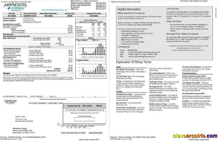 Editable USA Minnesota Energy Utility Bill, Word And PDF Template, 2 Pages
