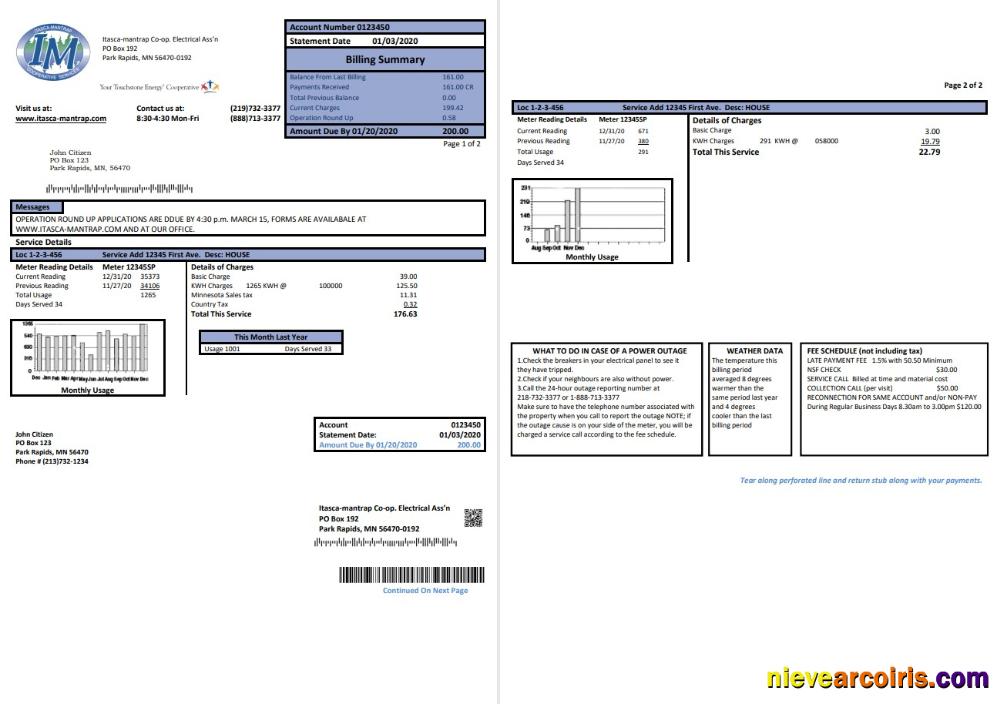 Realistic USA Minnesota Itasca Mantrap Electricity Utility Bill Template In Word And PDF Format (2 Pages)