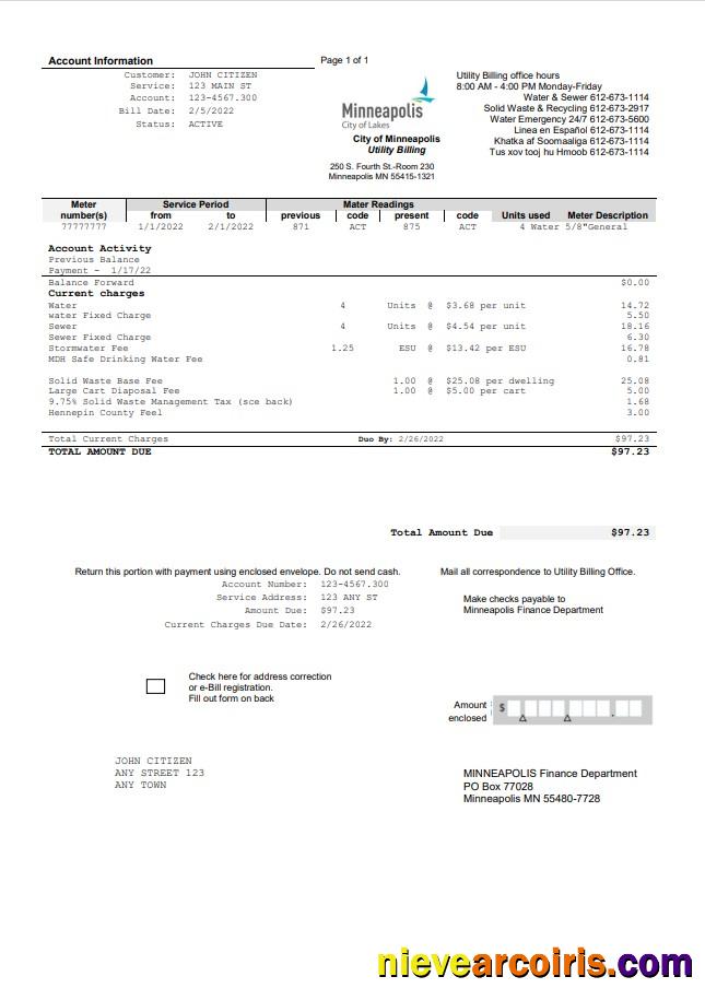 Realistic USA Minnesota Minneapolis City Of Lakes Utility Bill Template In Word And PDF Format