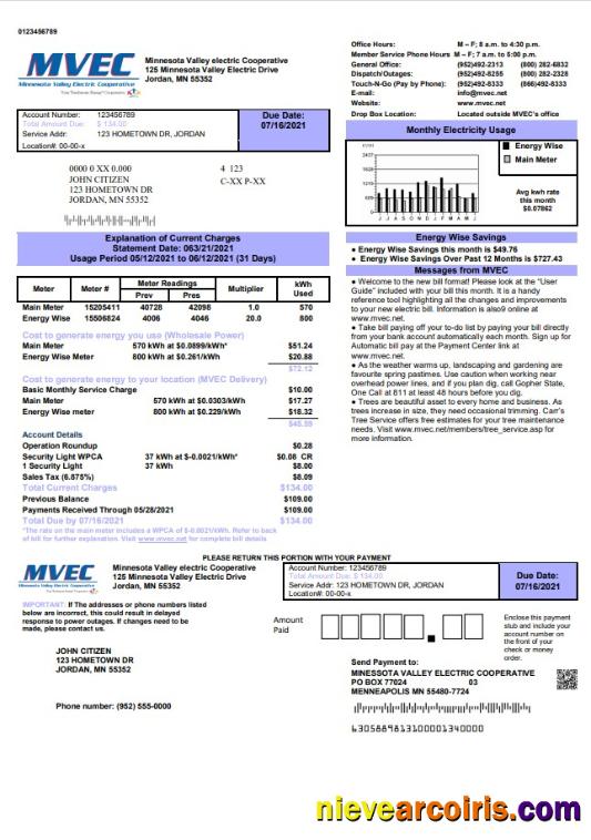 Premium USA Minnesota Valley Electric Cooperative (MVEC) Utility Bill Template In Word And PDF Format
