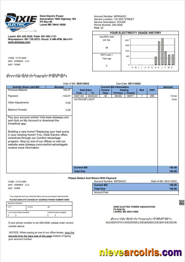 Professional USA Mississippi Dixie Electric Utility Bill Template In Word And PDF Format