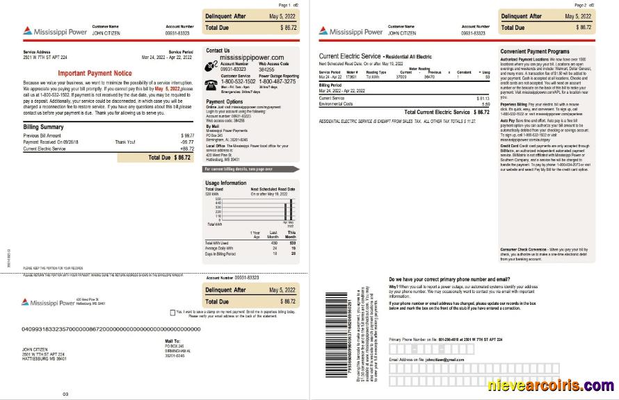 Professional USA Mississippi Power Utility Bill, Word And PDF Template, 2 Pages