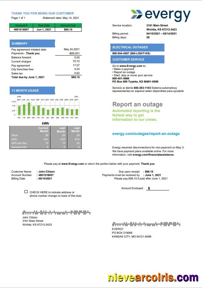 Professional USA Missouri Evergy Electricity Utility Bill Template In .doc And .pdf Format