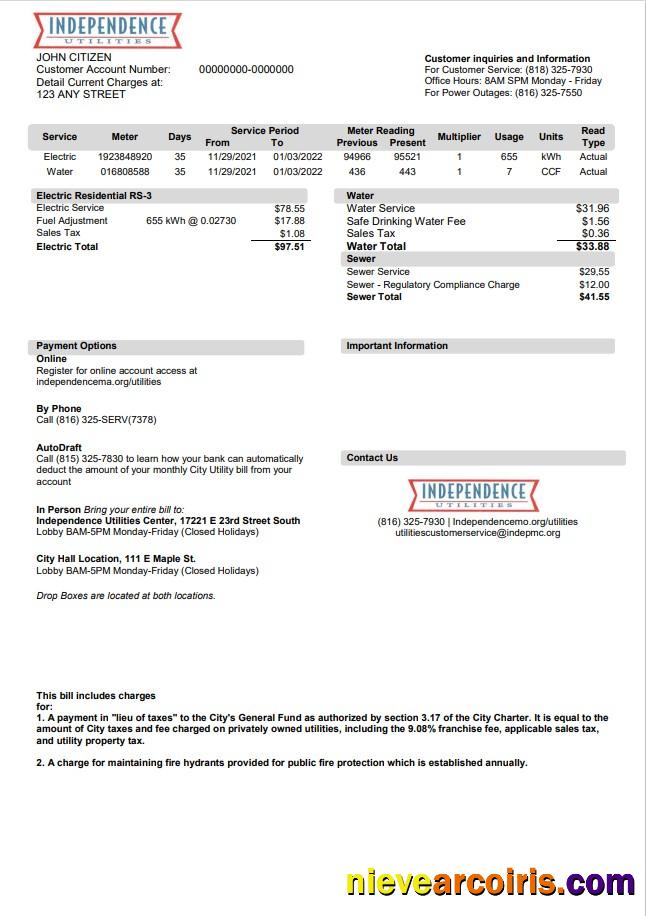 Professional USA Missouri Independence Utilities Utility Bill Template In Word And PDF Format, Version 2