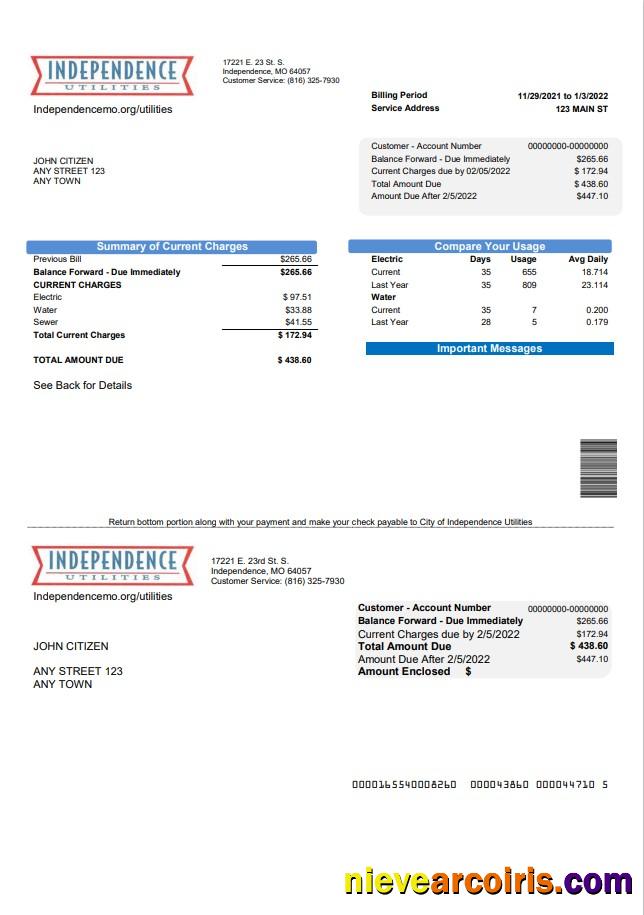 Editable USA Missouri Independence Utilities Utility Bill Template In Word And PDF Format