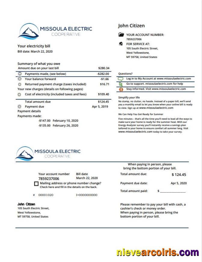 Editable USA Montana Missoula Electric Cooperative Electricity Utility Bill Template In Word And PDF Format