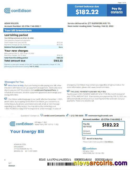 Realistic USA NEW YORK CONEDISON Utility Bill Word And PDF Template, Version 2