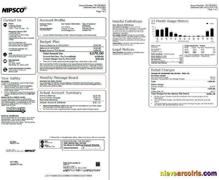 Realistic USA NIPSCO Utility Bill Template In Word And PDF Formats, 2 Pages