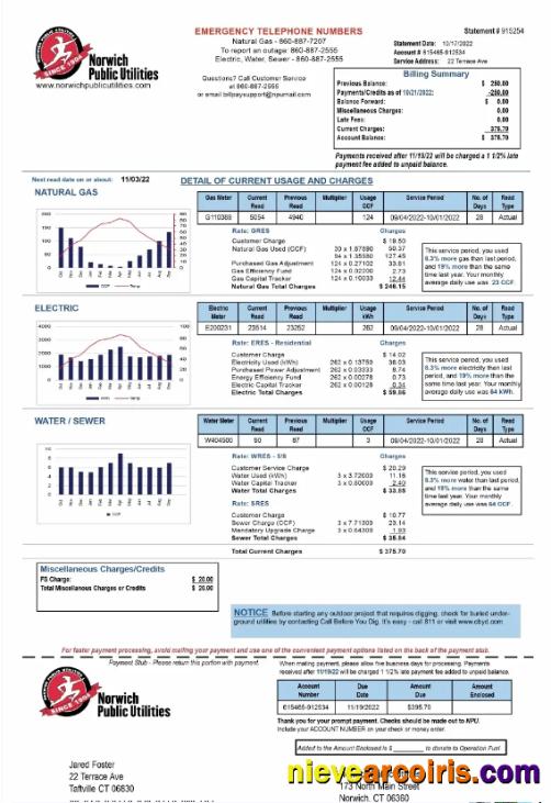 Premium USA NORWICH PUBLIC UTILITIES Utility Bill Word And PDF Template