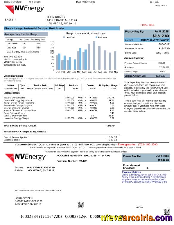 Premium USA NV Energy Utility Bill Template In Word And PDF Formats, Version 2