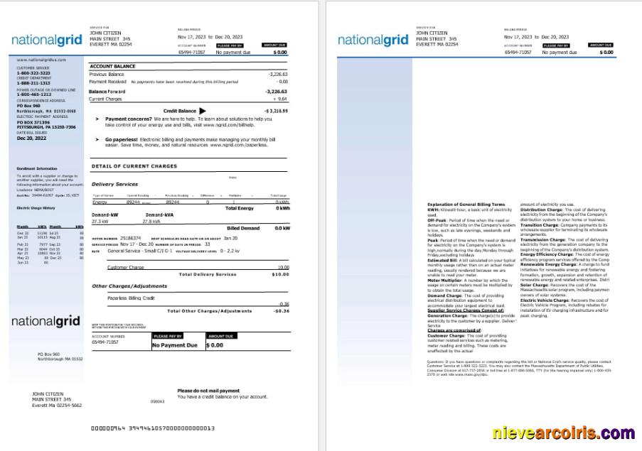 USA Nationalgrid Electric Utility Bill Word And PDF Formats, 2 Pages Preview