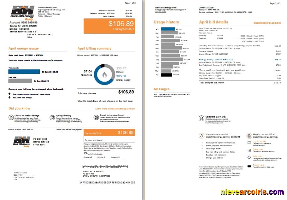 USA Nebraska Lincoln Black Hills Energy Utility Bill, 2 Pages Scr Template