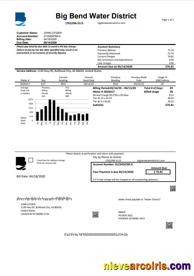 Professional USA Nevada Big Bend Water District Utility Bill Template In Word And PDF Format