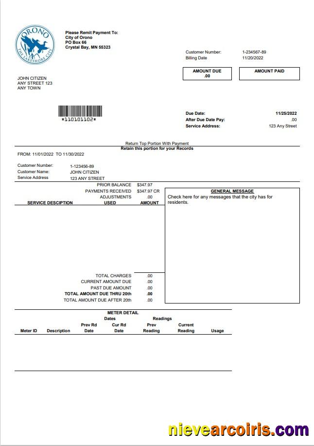 Editable USA Nevada Orono The Lakehore City Utility Bill Template In Word And PDF Format