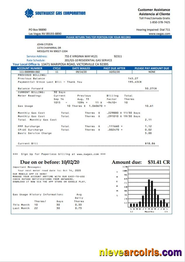 Realistic USA Nevada Southwest Gas Corporation Utility Bill Template In Word And PDF Format