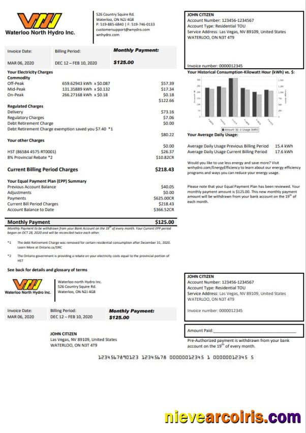 Premium USA Nevada Waterloo North Hydro Utility Bill Template In Word And PDF Format
