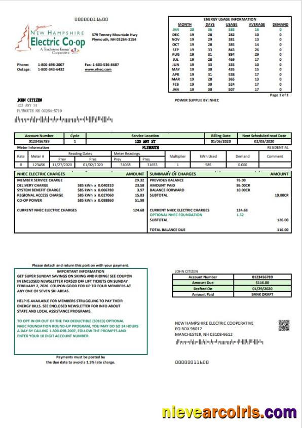 Editable USA New Hampshire Electric Co Op Electricity Utility Bill Template In Word And PDF Format